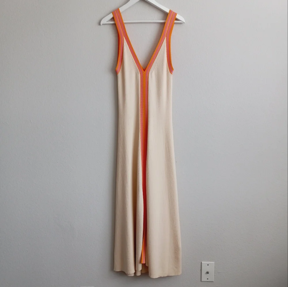 Sandro Piana V Neck Ribbed Midi Dress Ecru Orange Boarder Stripe 42 - Picture 5 of 16